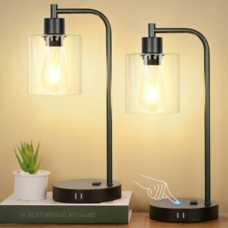 Industrial Touch Control Table Lamps Set of 2 - Black Bedside Lamps with USB Ports and AC Outlet